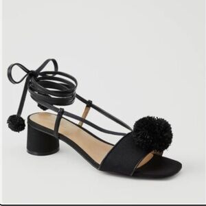 Ann Taylor Black linen Pom-Pom Accent leather wrap tie - Mid block heel sandals